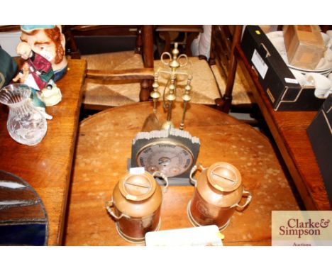 A pair of copper and brass miniature milk churns; a brass companion stand and a slate barometer