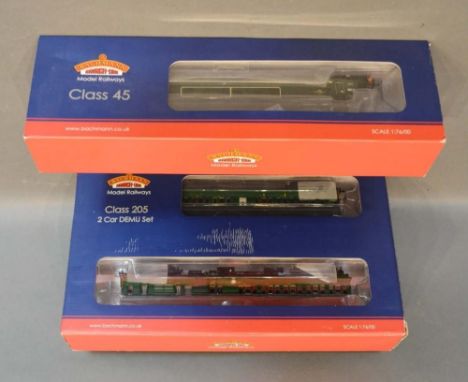 A Bachmann OO Gauge Class 205 Two Car DEMU Set within original box, together with a Class 45 BR green split centre head code 