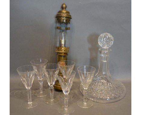 A Set of Six Waterford Glasses, together with a cut glass decanter and a GWR lamp 