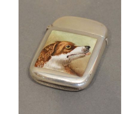 A Victorian Birmingham Silver Vesta Case, the front with enamel panel, decorated with a dog's head 