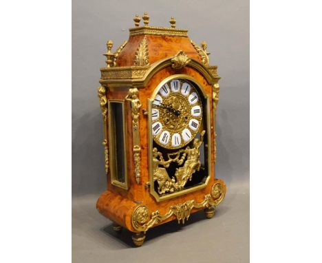 A 20th Century French Walnut Cased and Gilt Metal Mounted Mantel Clock with Roman numerals and two train movement, 54cm tall 