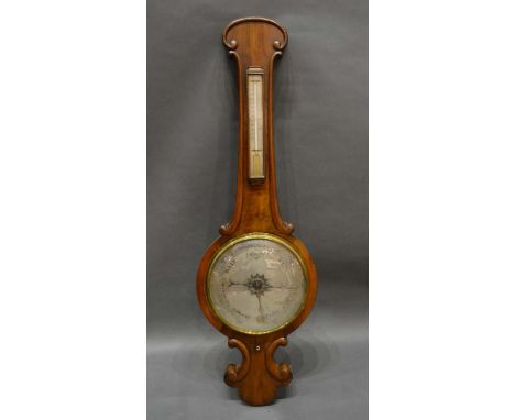 A Victorian Mahogany Wheel Barometer Thermometer with silvered dial 