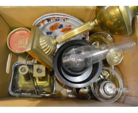 A Brass Oil Lamp, together with a collection of other items to include various silver plate, a pair of Ironstone plates and a