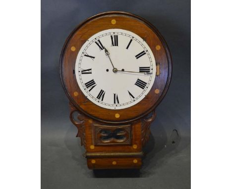 A 19th Century Drop Dial Wall Clock, the enamel dial with Roman numerals and with twin fusee movement, 75cm tall 