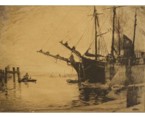 Leslie Moffatt Ward, 1888-1978, Evening at the Fishermen's Dock, Poole, black and white engraving, signed in pencil, dated 19