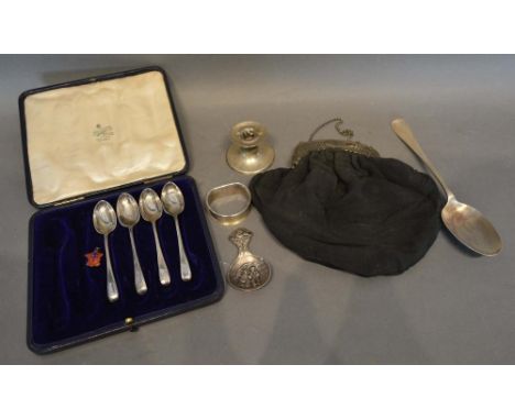 A Set of Four Sheffield Silver Teaspoons, together with a white metal mounted purse, two silver spoons, a silver napkin ring 