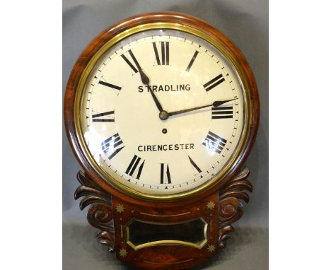 A Regency Mahogany Drop Dial Wall Clock, the dial inscribed Stradling, Cirencester, and with single fusee movement, 51cm tall