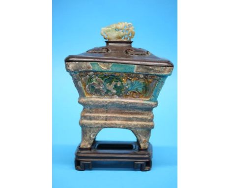 A Ming Fahua censer on hardwood stand with cover and Jade finial.  Overall size 24 cm high 16.5 cm wide by 14 cm deep