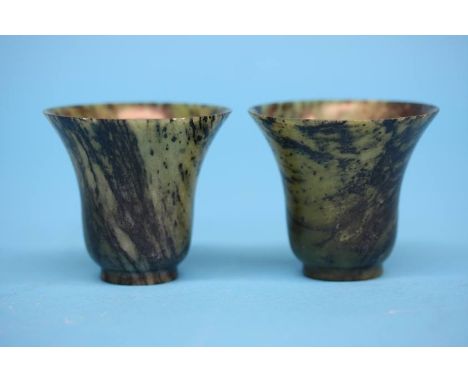 A pair of 19th Century spinach Jade flared beakers, seal marks to base.  5.5 cm high