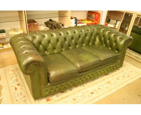 Green leather three seater Chesterfield sofa and armchair