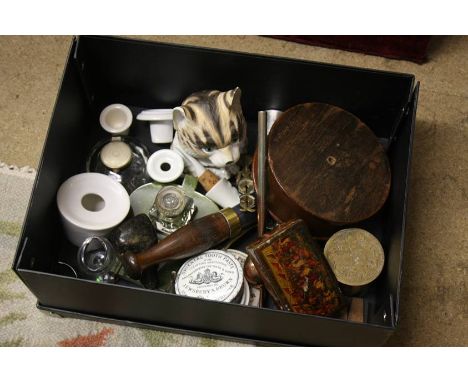 Box of assorted including eye baths, sovereign scales, a pestle etc.