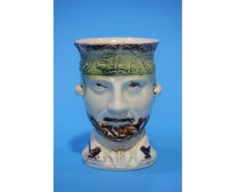 A cream ware Admiral Lord Rodney portrait mug, glazed ochre and green, underside impressed Rodney. 16cm height