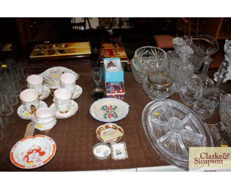 A Royal Crown Derby Diamond Wedding commemorative dish; a Victorian nursery plate AF; two ruby glass vases; a papier maché tr