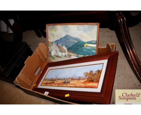 A modern painting by D. Pienaar of buffalo; and a coloured print of a Scottish crofters cottage  