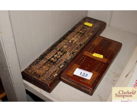 Two inlaid wooden cribbage boards 