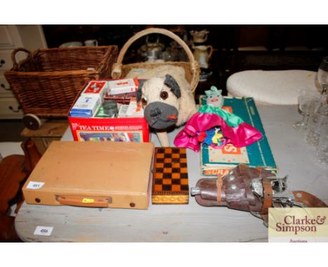 A Mah Jong set; various playing cards, chess set, toy gun etc.