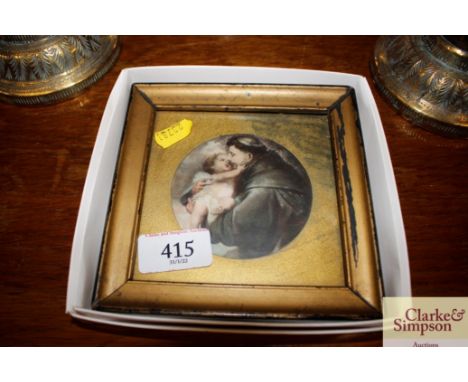 A small coloured miniature print depicting a priest and cherub 