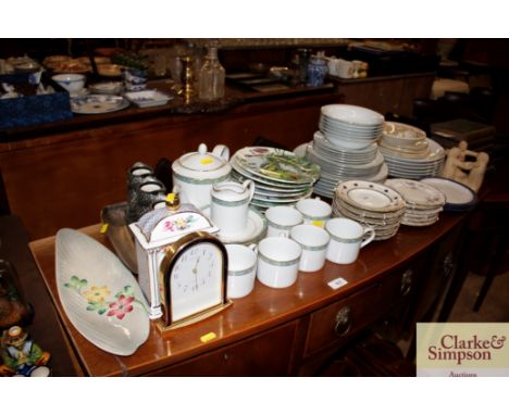 A quantity of various porcelain teaware, collector's plates, china mantel clock etc.