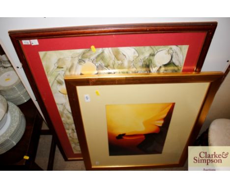 A Maasai Mara coloured print and a coloured print of fruit