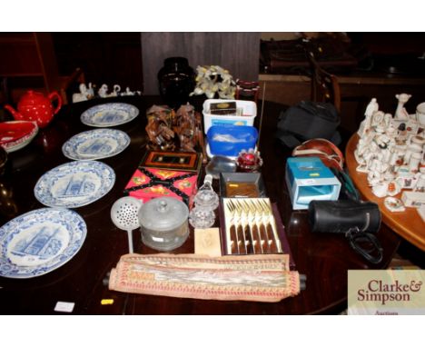 Two carved hardwood oriental figures; various wooden ware; a pewter tobacco jar; ladle etc.