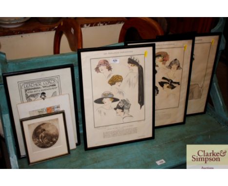 Four fashion plates; a small pencil signed study of rooftops; and a Victorian black and white print after Westal  