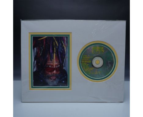 Framed display featuring an autographed George Clinton "Greatest Hits" CD alongside a vibrant portrait of the legendary funk 