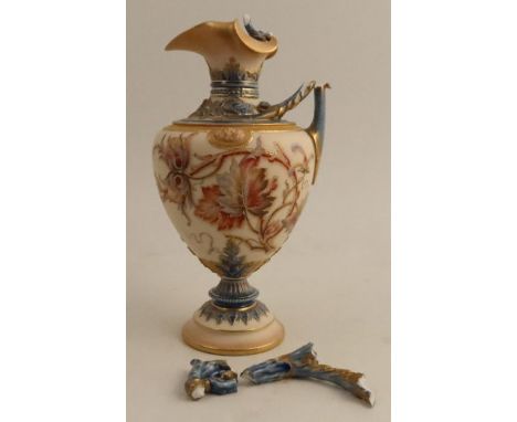 A Royal Worcester ewer, decorated with enamelled leaves, shape number 1309, af - handle broken and in pieces