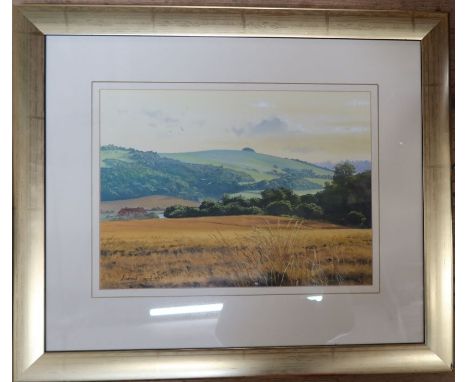 Andrew Dandridge, watercolour, Evening Light on Harting Down, 11ins x 14ins