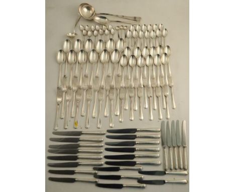 A silver part canteen of cutlery, comprising 12 dinner forks, weight 29oz, 12 dessert forks, weight 19oz, 12 serving spoons, 