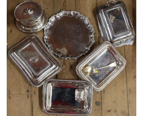 A box of silver plated items, to include entree dishes, flatware etc