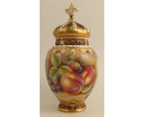 A Royal Worcester crown top pot pourri, decorated all around with fruit to a mossy background by Leaman, with inner and outer