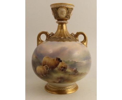 A Royal Worcester vase, painted with sheep in a landscape with a river&nbsp;by Harry Davies, shape number 1109, height 11ins 