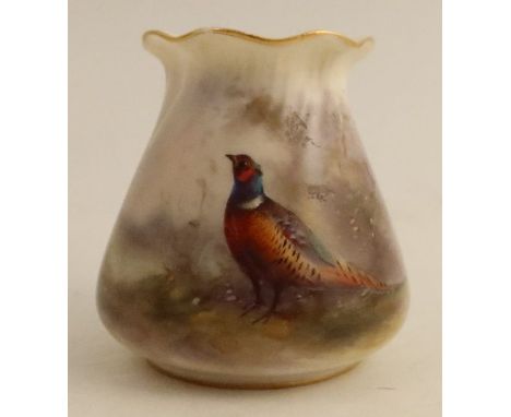 A Royal Worcester vase, decorated with pheasant in landscape by Jas Stinton, height 3.5ins - minor gilding loss and a very mi