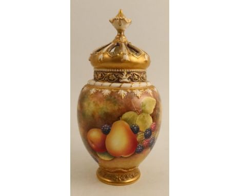 A Royal Worcester crown top pot pourri, decorated all around with fruit to a mossy background by Leaman, with inner and outer