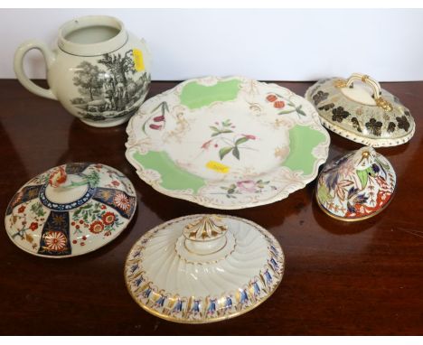 Four 19th century English porcelain covers, one with scratch B mark for Barr Worcester, together with a tea pot with black an