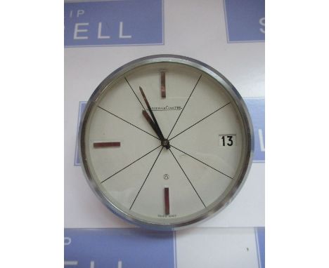 A midcentury 8 day desk clock by Jaeger leCoultre, model no. 383, in brushed steel case
