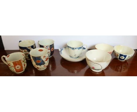 Two Worcester porcelain cups and two tea bowls, all with Seal mark, together with a 19th century cup and saucer, two cups and