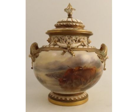 A Royal Worcester Bow vase and cover, with twin handles, painted with Highland cattle in a landscape&nbsp;by John Stinton, he