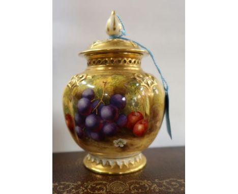A Royal Worcester covered pot pourri, the quarter lobed body decorated to the front with fruit to a mossy background by H Ary