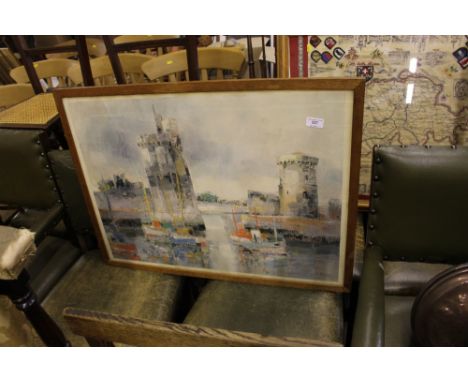 Louis Rosan, large coloured print of La Rochelle, inscribed to mount Red Cross Picture Library in vintage oak frame 