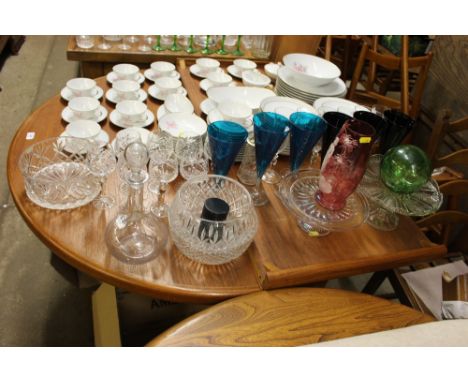 A Mary Gregory style vase; various drinking glasses; a cake stand; decanter etc. 