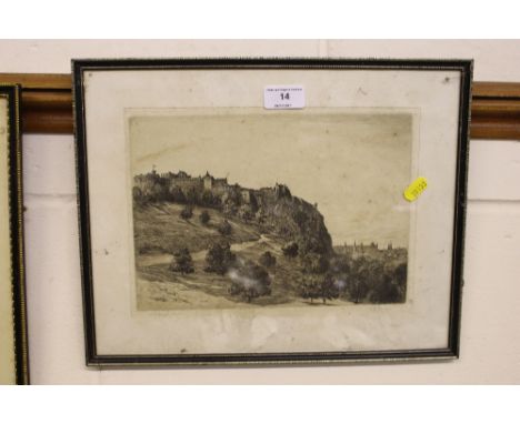 R F King, black and white etching "Edinburgh Castle" 