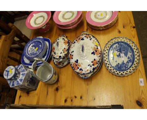 A modern Chinese blue and white tea caddy; a Victorian tureen and cover; old willow patterned plates etc.