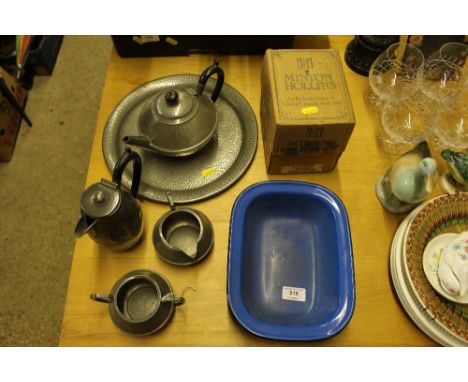 A pewter spot hammered teaset; together with an enamel dish and a box of Minton Hollins tiles 