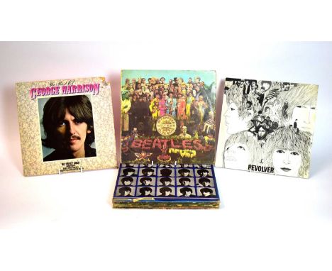 3 Beatles LPs: Sgt. Pepper; Revolver; and Hard Day's Night; together with a George Harrison LP; 3 David Bowie LPs; and mixed 