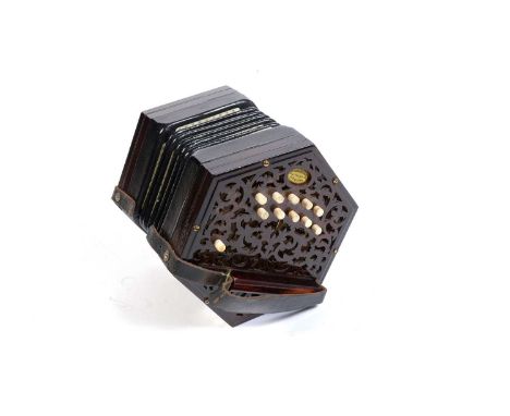 A Lachenal 20 button Anglo system concertina, labelled W. Winrow &amp; Son, Hollow Stone, Nottigham, with rosewood fret cut e