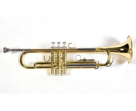 A Yamaha YTR 2320E Bb trumpet, made in Japan, with lacquered brass with silver lead pipe, Yamaha 11C4-7C mouthpiece, in Yamah