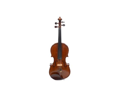 A fine quality violin labeled 'Marque Deposee Lugdunum', with fine two-piece back and ribs, light amber varnish, length of ba