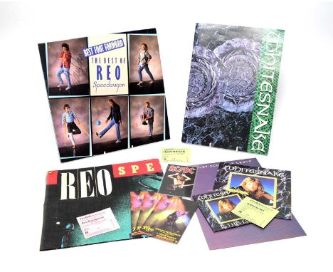 A small collection of music ephemera, to include: A signed REO Speedwagon album sleeve, signed by Neal Doughty, Kevin Cronin,