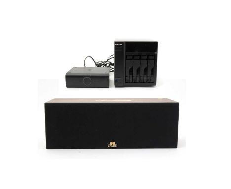 A Castle Keep 2 centre speaker, in a simulated walnut case; an Asustor AS-204TE network data storage unit, in box; and a West